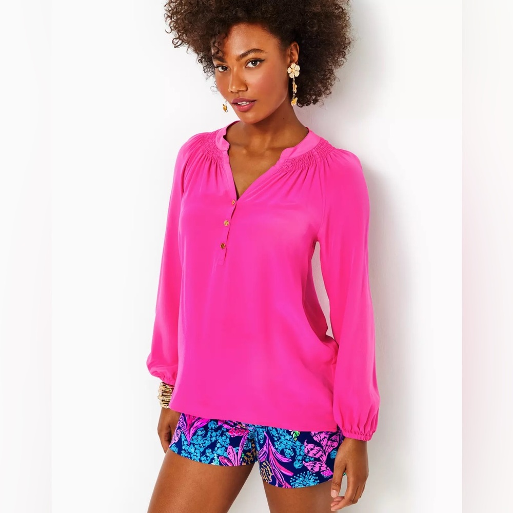 Lilly Pulitzer Elsa Long Sleeve Silk Top Size Small Pink Palms